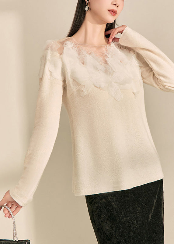 Style White O-neck Feather Patchwork Shirt Fall
