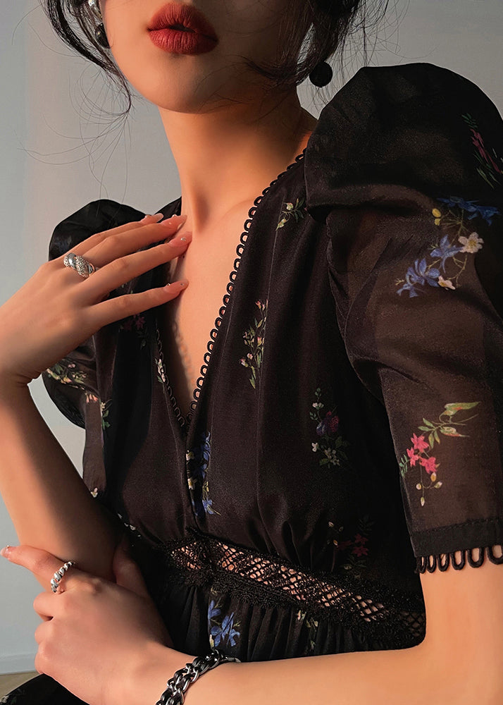 Black V Neck Zippered Print Chiffon Maxi Dresses Lantern Sleeve