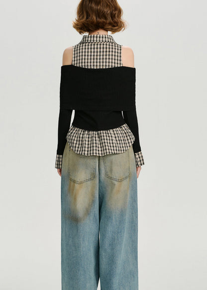 Black Cold Shoulder Patchwork Cotton Blouse Tops Spring