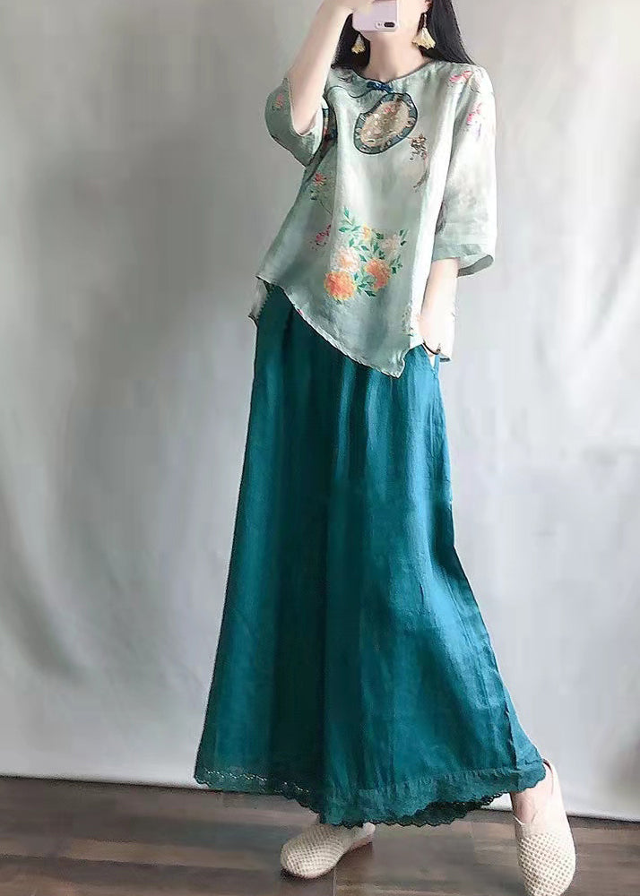 Light Green O-neck Print Shirts and Maxi Skirts Two Pieces Set Summer