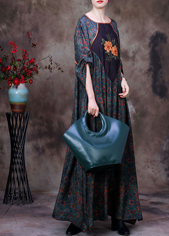 Green O-neck Patchwork Print Exra Large Hem Silk Maxi Dresses Long Sleeve
