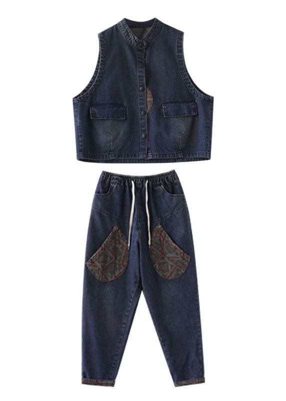 Handmade Blue Patchwork Denim Two Piece Set Outfits Sleeveless