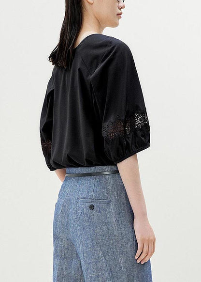 Black Slash Neck Patchwork Lace Blouses Half Sleeve