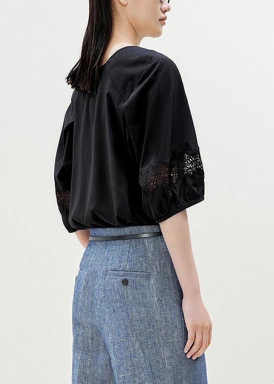 Black Slash Neck Patchwork Lace Blouses Half Sleeve