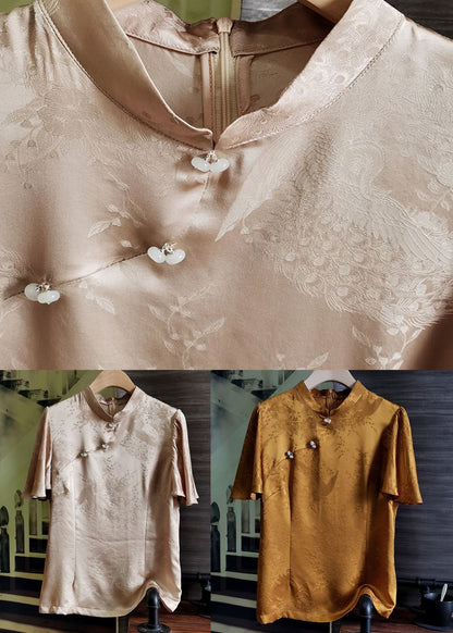 Caramel Stand Collar Patchwork Silk Tops Short Sleeve
