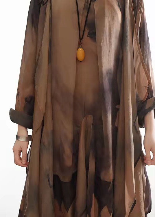 Khaki Asymmetrical Print Silk Cardigans and Dress Two Piece Suit Set Summer