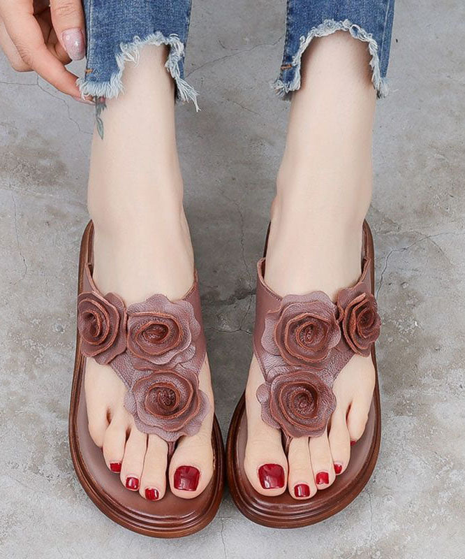 Brown Splicing Faux Leather Wedge Flip Flops