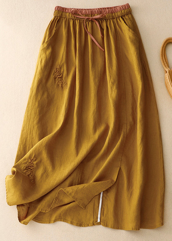 Linen Embroidered Elastic Waist Linen Skirts Summer