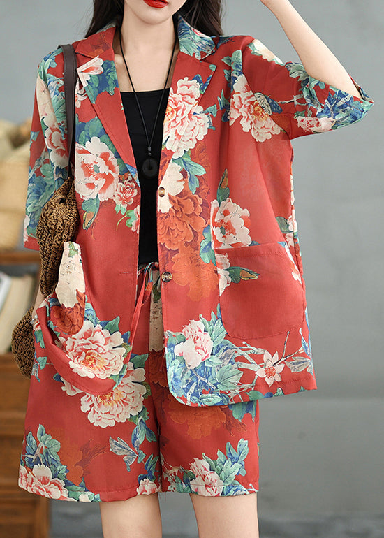 Red Print Pockets Cotton Two Pieces Set Half Sleeve