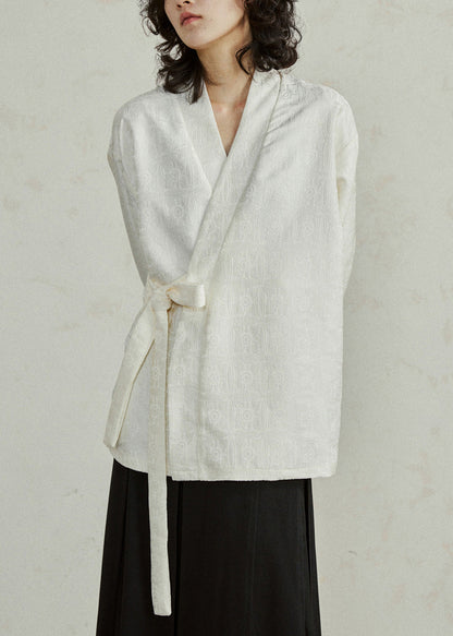 Jacquard Beige V Neck Top Long Sleeve
