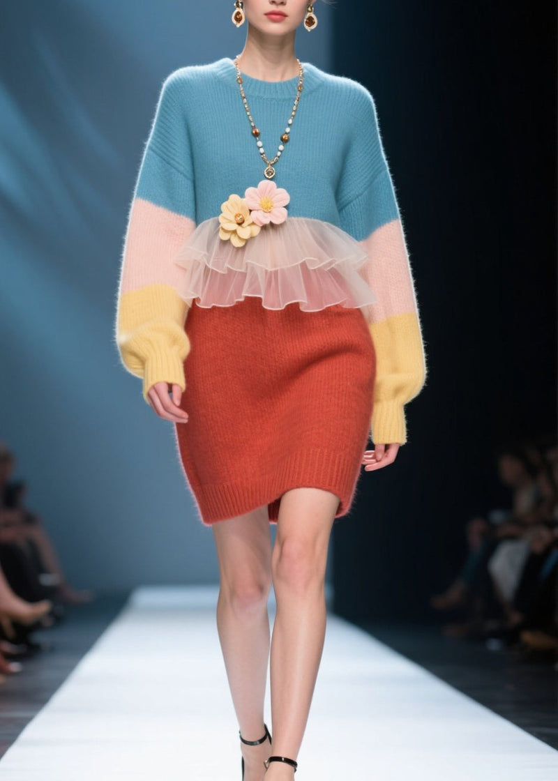 Unique Colorblock O Neck Patchwork Knit Sweater Dress Winter