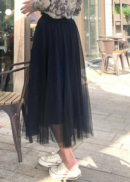 Dty Blue Elastic Waist Draping Tulle a Line Skirt Spring