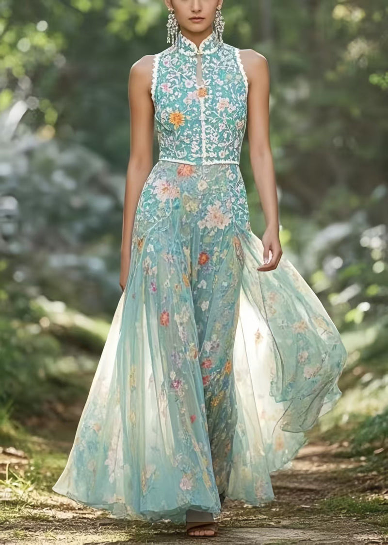 Style Green Mandarin Collar Chiffon Party Dress Sleeveless Summer