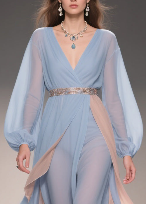 Blue Asymmetrical High Waist Patchwork Chiffon Party Dress