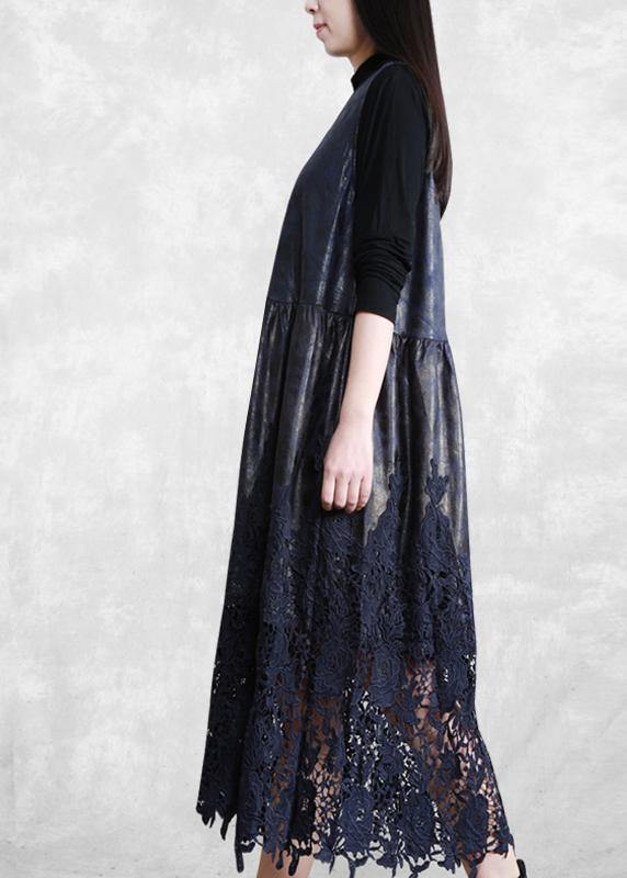 100% Hollow Out Patchwork Dresses Lnspiration Dark Blue Maxi Dress Fall