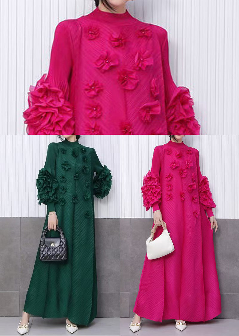 Fine Emerald Decorated Dinner Dress Pleated Texture Scallop Trim