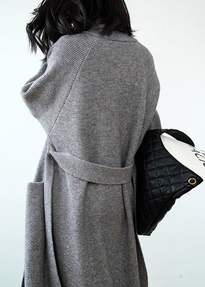 Grey Pockets Tie Waist Knit Loose Cardigans Spring
