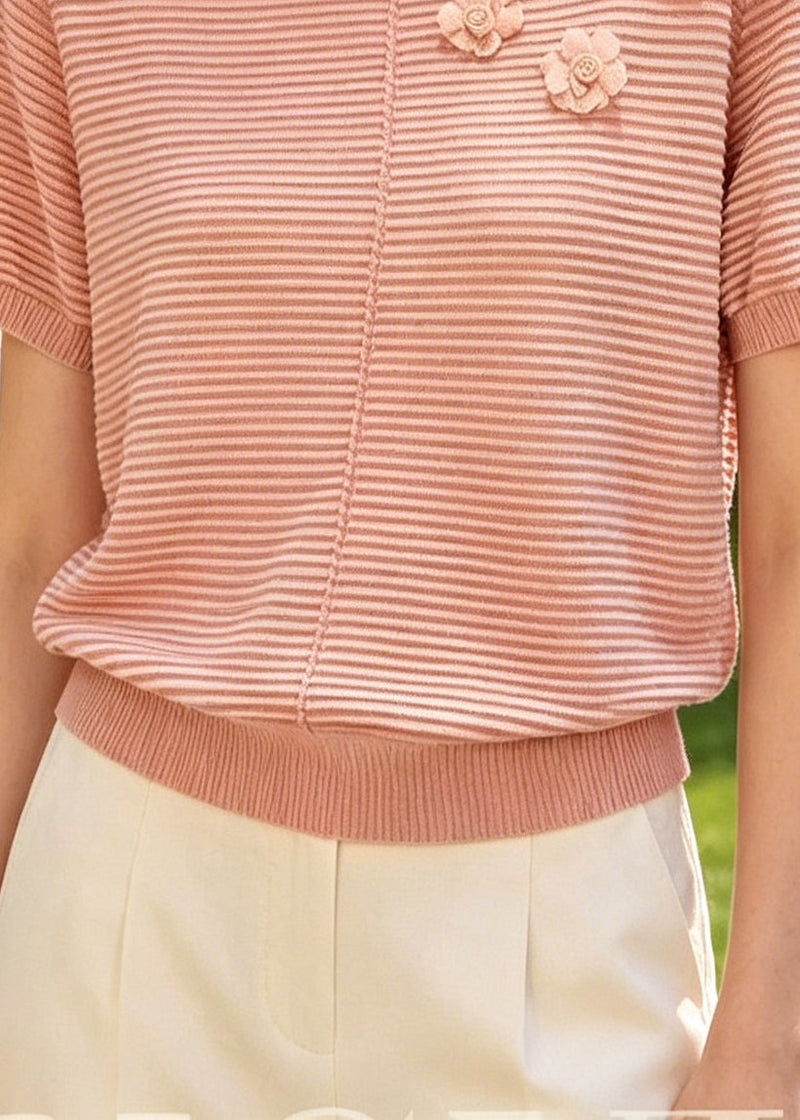 Fine Brick Red Striped Flower Knit Shirts Summer