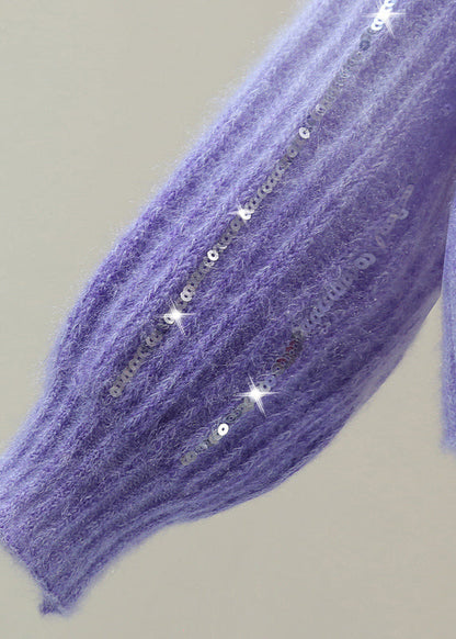 Modern Purple O-neck Sequins Cotton Knit Sweater Winter
