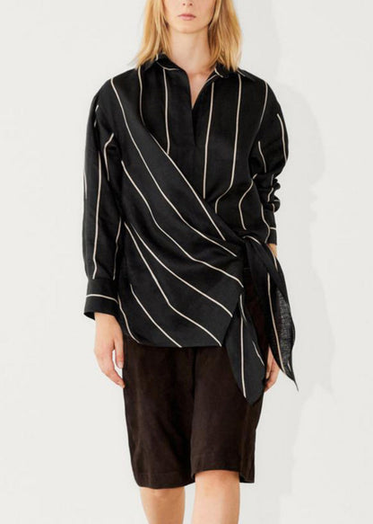 Black Peter Pan Collar Striped Lace Up Linen Tops Fall