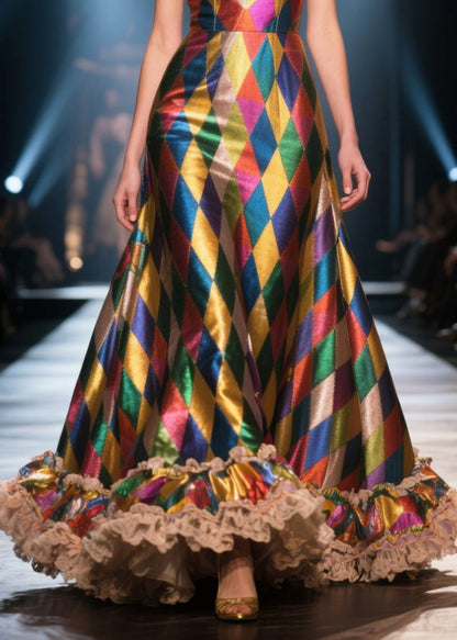 Colorblock Ruffled Patchwork Plaid Silk Evening Dress Summer