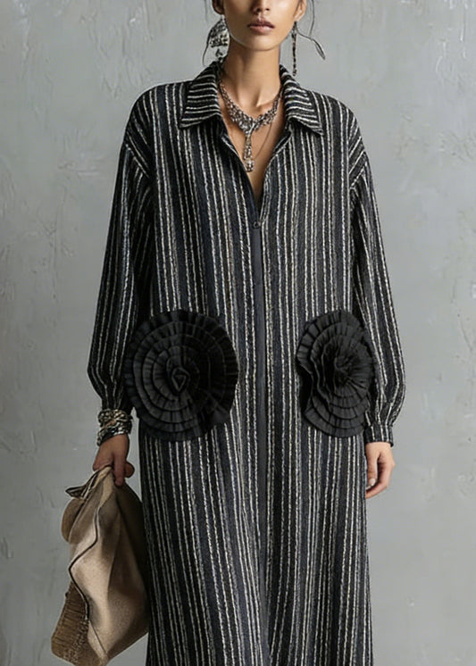 Handmade Black Zip Up Striped Cotton Dresses Spring