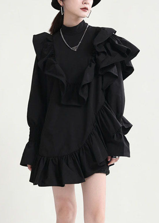 Diy Black Stand Collar Asymmetrical Ruffled Dresses Spring