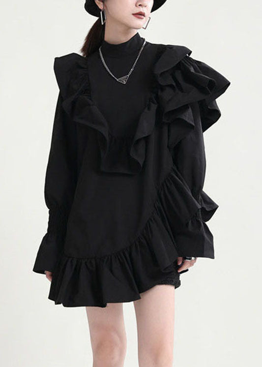 Diy Black Stand Collar Asymmetrical Ruffled Dresses Spring