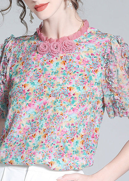 Ruffled Print Button Silk Top Short Sleeve