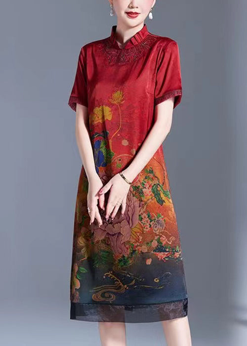 Red Stand Collar Print Silk Dress Short Sleeve