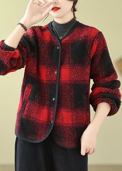 Boutique Red O-neck Pockets Plaid Faux Fur Jackets Fall