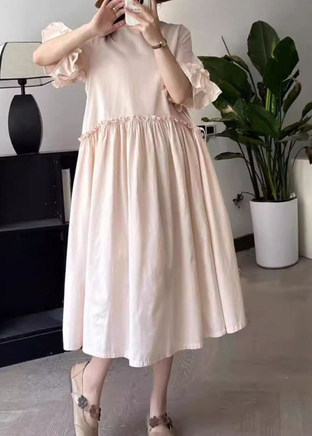 Art Pink O-neck Wrinkled Long Dresses Summer