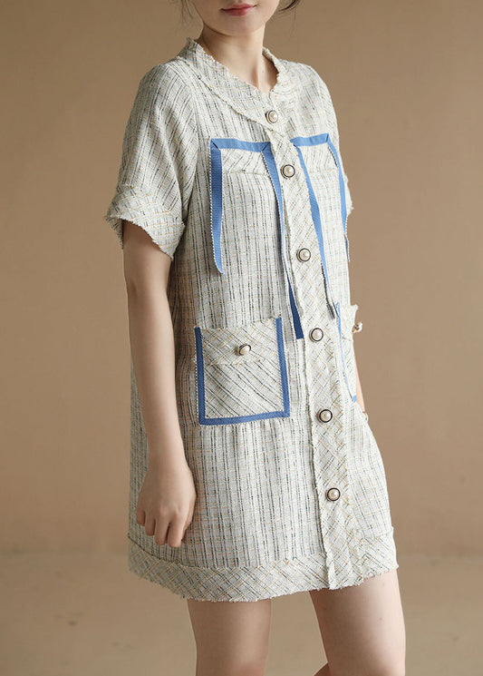 Original Design White O-neck Plaid Print Button Cotton Dress Short Sleeve