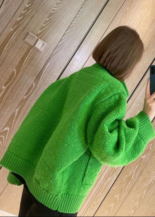 Green Zip Up Pockets Knitted Tops Coat Spring