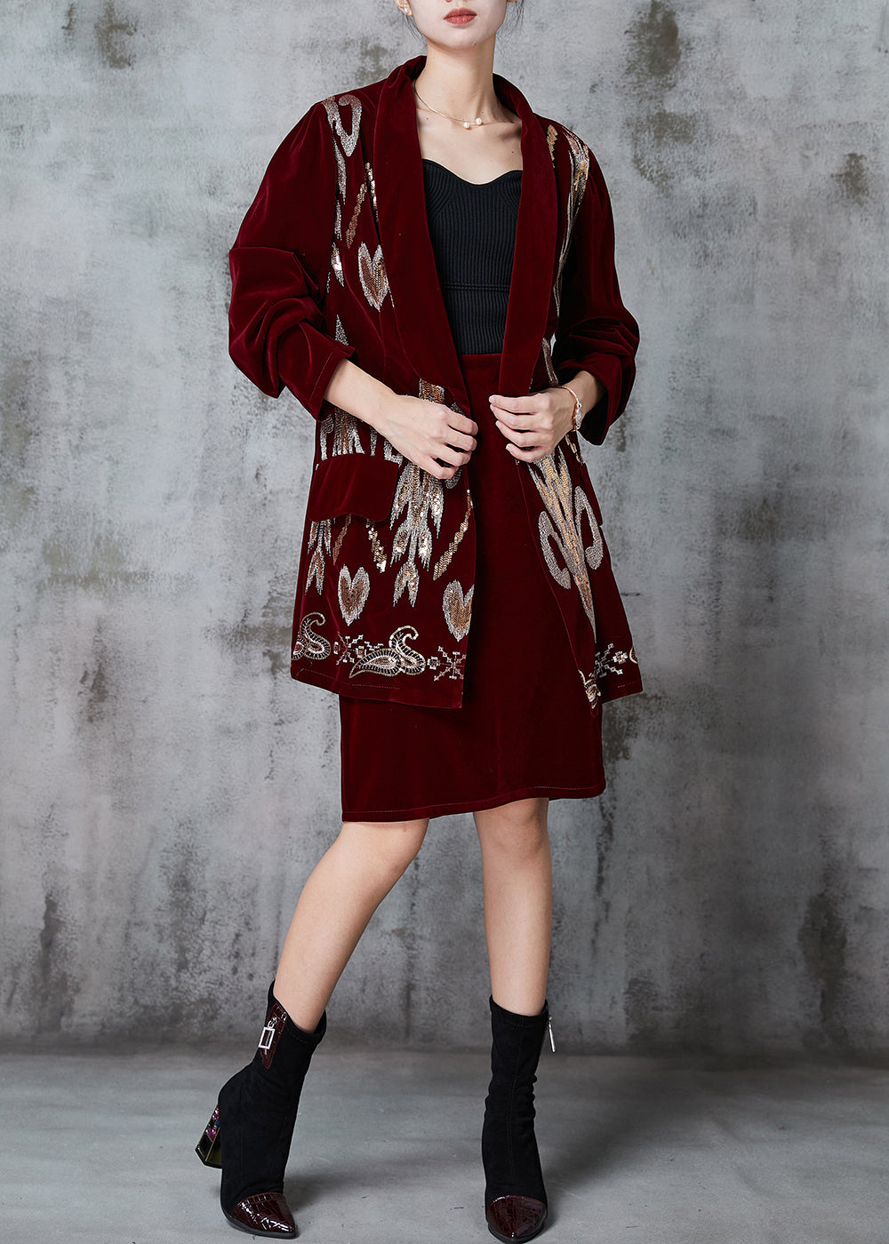 Mulberry Patchwork Silk Velour Two Piece Set Clothing Sequins Spring