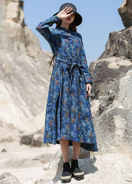 Blue Cinched Print Long Dresses Spring
