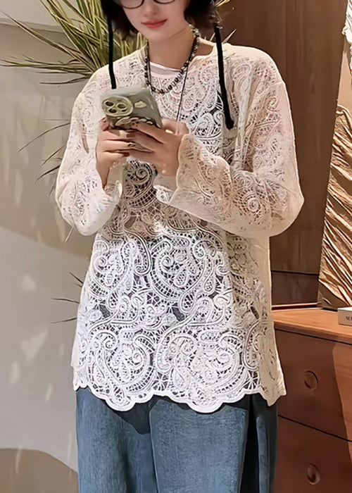 Beige Embroidered Hollow Out Lace T Shirt Spring