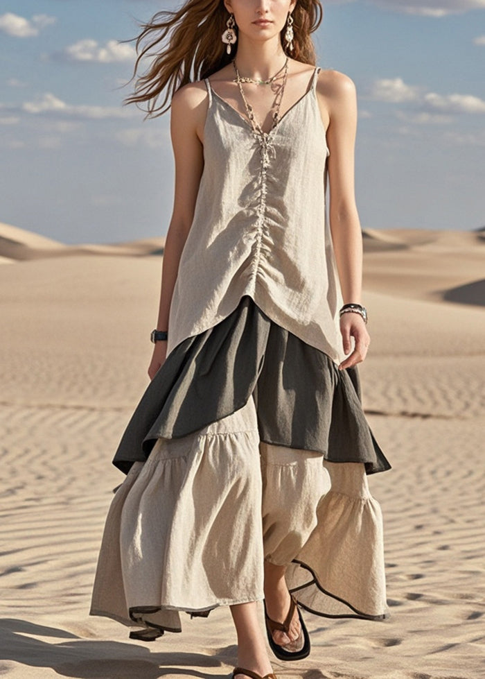 Khaki Patchwork Wrinkled Cotton Spaghetti Strap Dress Summer