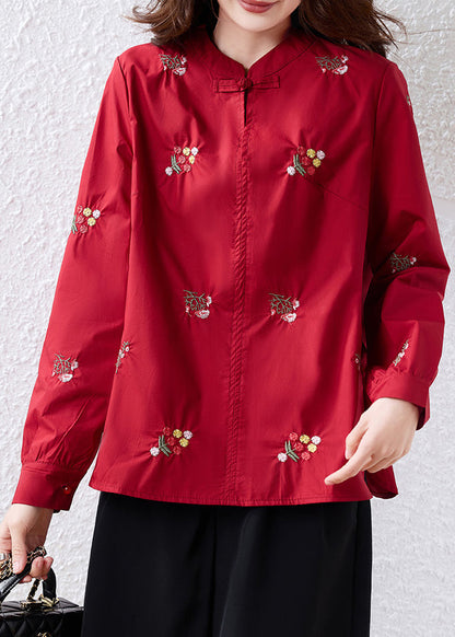 Black Embroidered Chinese Button Cotton Shirt Top Fall