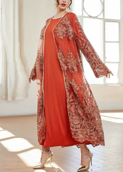 French Orange Embroidered Tulle Two Piece Suit Spring