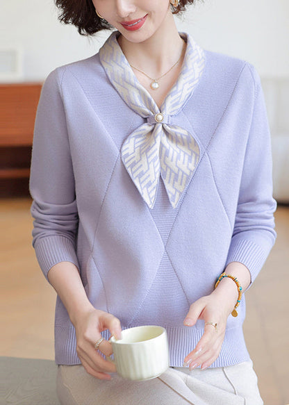 Lavender Bow Neck Striped Knit Shirts Winter