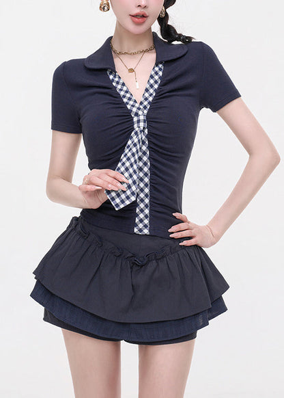 Navy V Neck Patchwork Cotton T Shirt Tops Sleeveless