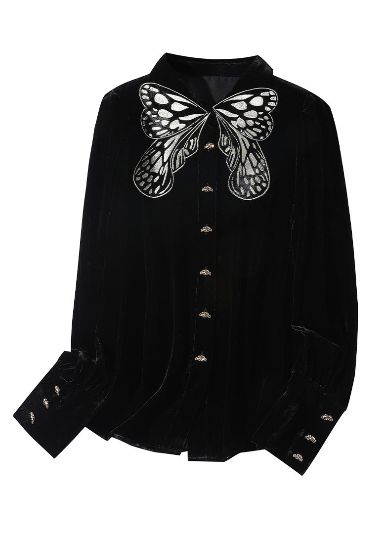 Organic Black Peter Pan Collar Embroideried Butterfly Button Velour Shirts Long Sleeve Fall