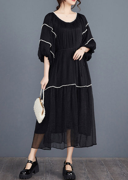 Black Nail Bead Long Dresses Half Sleeve