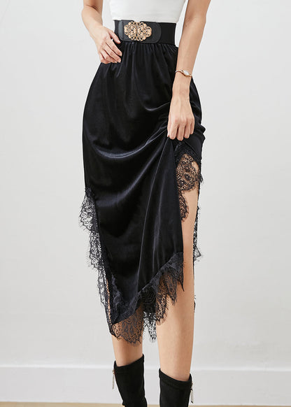 Black Lace Patchwork Side Open Silk Velour Skirts Fall