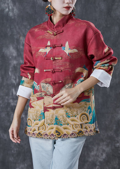 Red Mandarin Collar Print Cotton Shirt Top Spring