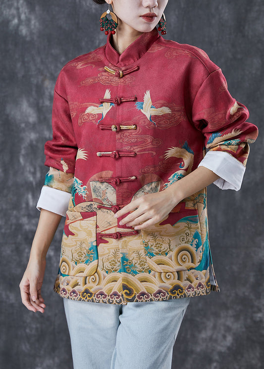 Red Mandarin Collar Print Cotton Shirt Top Spring