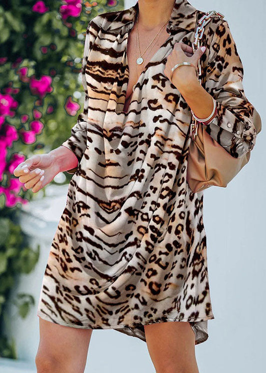 Peter Pan Collar Asymmetrical Design Leopard Print Chiffon Mid Dress Long Sleeve