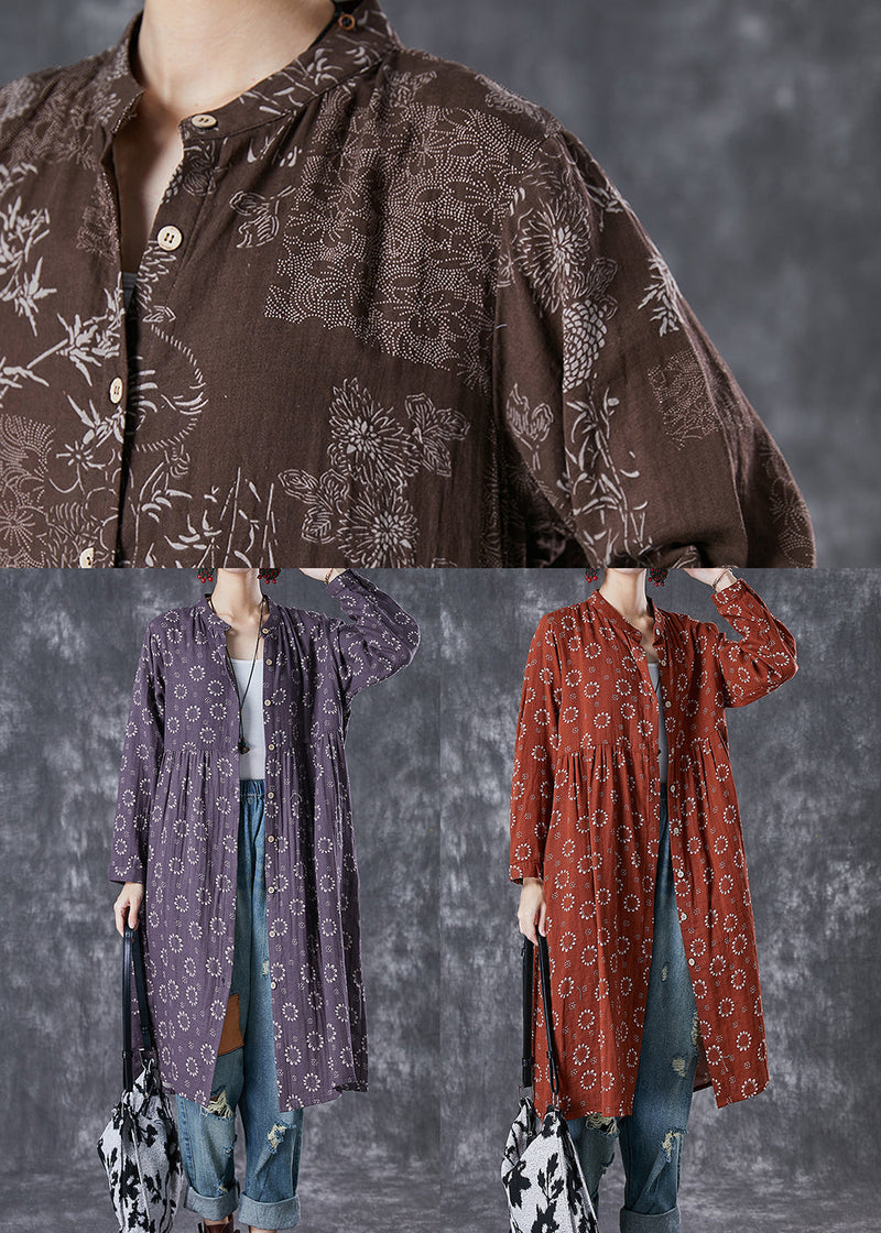 Purple Print Button Down Cotton Dresses Fall