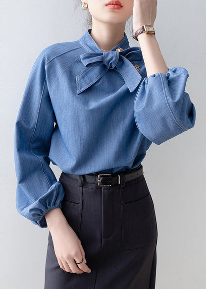 Denim Blue Stand Collar Bow Blouses Spring